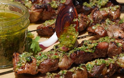 Image for Grilled Pork Skewers with Cilantro Chimichurri