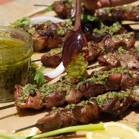 Grilled Pork Skewers with Cilantro Chimichurri