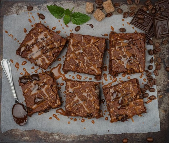 Flourless Sweet Plantain Brownie with Caramel Sauce and Sea Salt