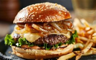 Image for Ultimate Swiss Cheese Bacon Burger with Grilled Onions and Toasted Buns